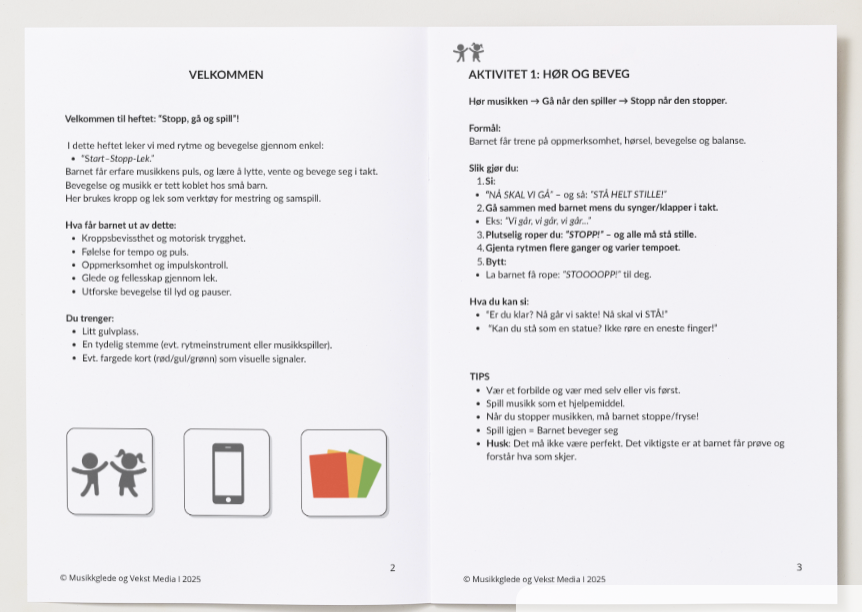 🇧🇻 Stopp Gå og Spill! Rytmelek for barn 1-6 år. Læringsaktiviteter med voksen veiledning. PDF Hefte - for utskrift eller digital bruk.