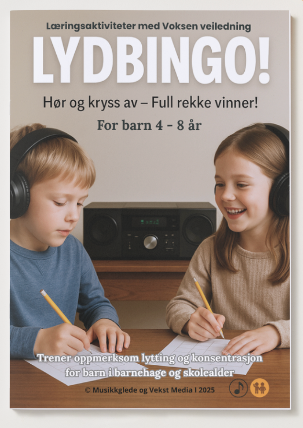 🇧🇻 “(Heftet – Norsk utgave)” "Lydbingo" Et kreativt musikkhefte. Læringsaktiviteter med voksen veiledning 4 - 8 år. PDF Hefte - for utskrift eller digital bruk.
