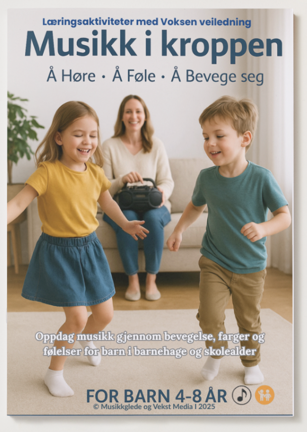 🇧🇻 Musikk i kroppen Et kreativt musikkhefte 4 - 8 år. Læringsaktiviteter med voksen veiledning. PDF Hefte - for utskrift og digital bruk.