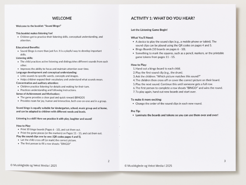 🇬🇧 “(Booklet – English edition)” "SOUND BINGO!" A creative music booklet. Learning activities with adult guidance for ages 4 - 8. PDF Booklet - for printing or digital use.