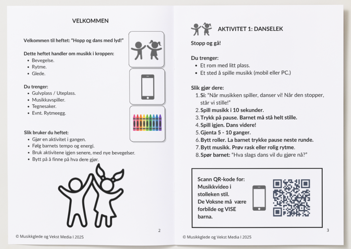 🇧🇻 Hopp og dans med Lyd! Læringshefte med voksen veiledning 1 - 4 år. PDF Hefte - for utskrift eller digital bruk.