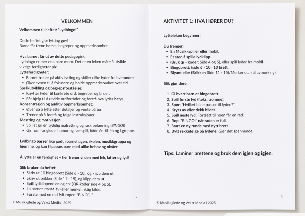 🇧🇻  “(Heftet – Norsk utgave)”  "Lydbingo" Et kreativt musikkhefte. Læringsaktiviteter med voksen veiledning 4 - 8 år.  PDF Hefte - for utskrift eller digital bruk.