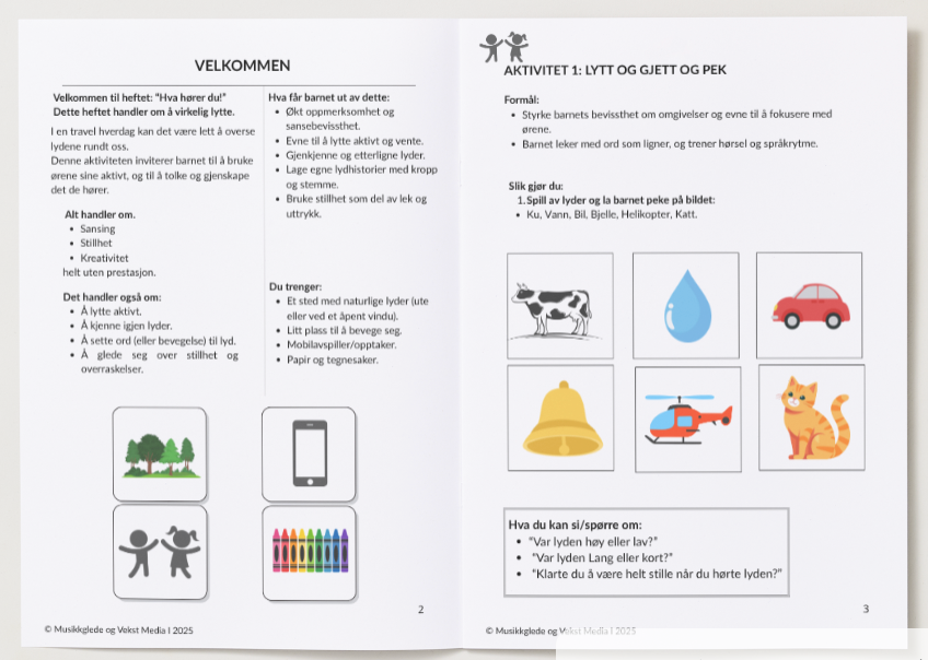 🇧🇻 Hva hører du? Lytt og gjett for barn 1-6 år. Læringsaktiviteter med voksen veiledning. PDF Hefte - for utskrift og digital bruk.