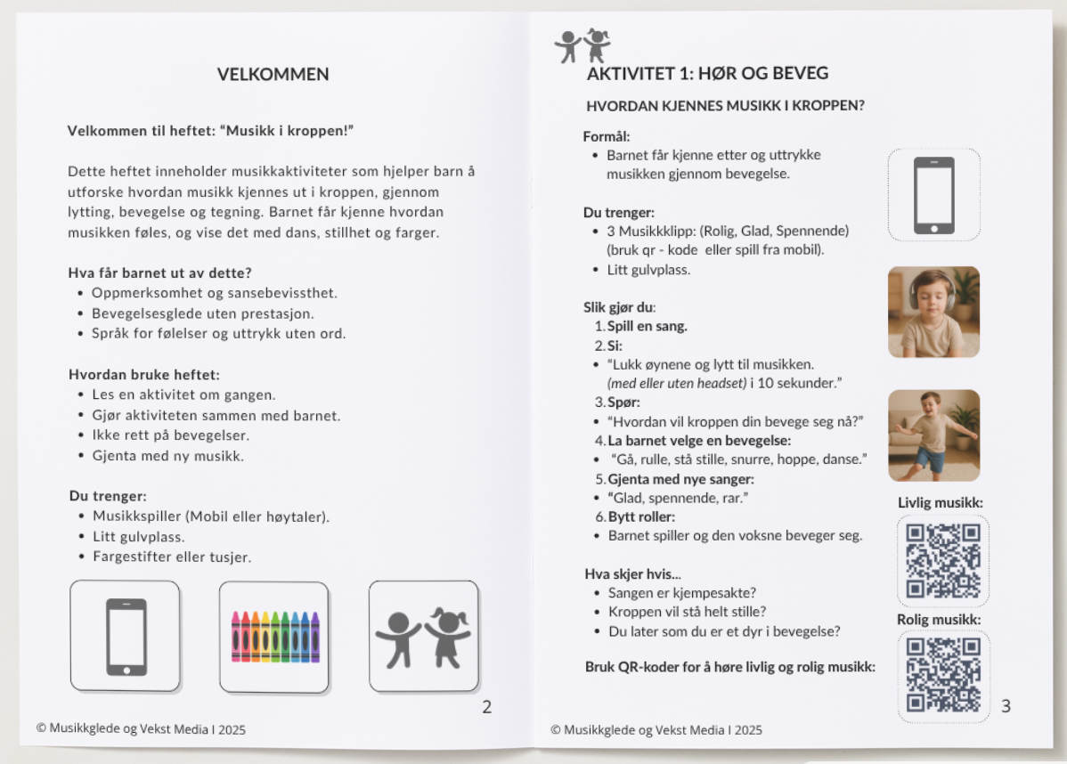 🇧🇻 Musikk i kroppen Et kreativt musikkhefte 4 - 8 år. Læringsaktiviteter med voksen veiledning. PDF Hefte - for utskrift og digital bruk.