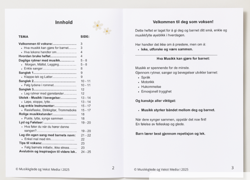 🇧🇻 Musikk og lek i hverdagen for barn 1-  4 år! PDF  hefte - For utskrift og digital bruk.