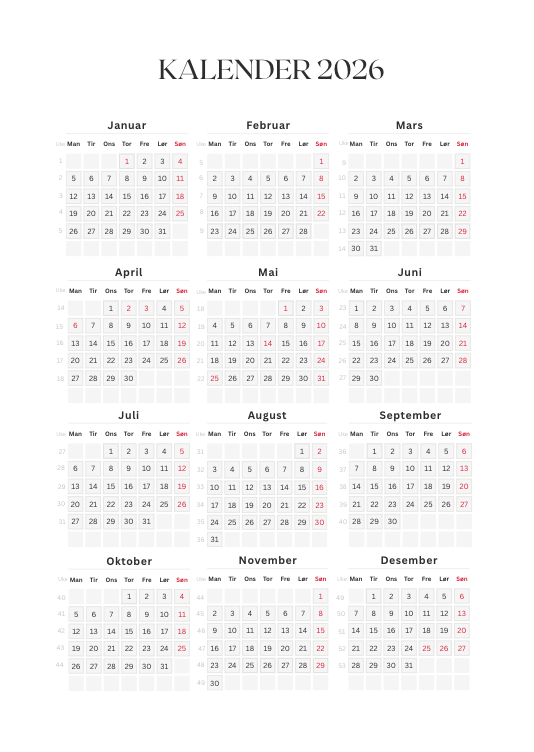 Gratis Digital PDF Kalender 2026