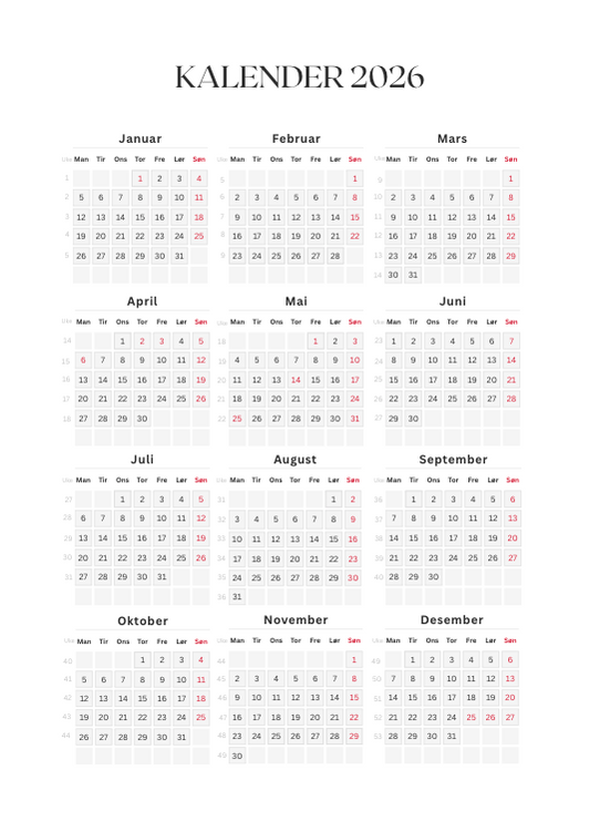Gratis Digital PDF Kalender 2026