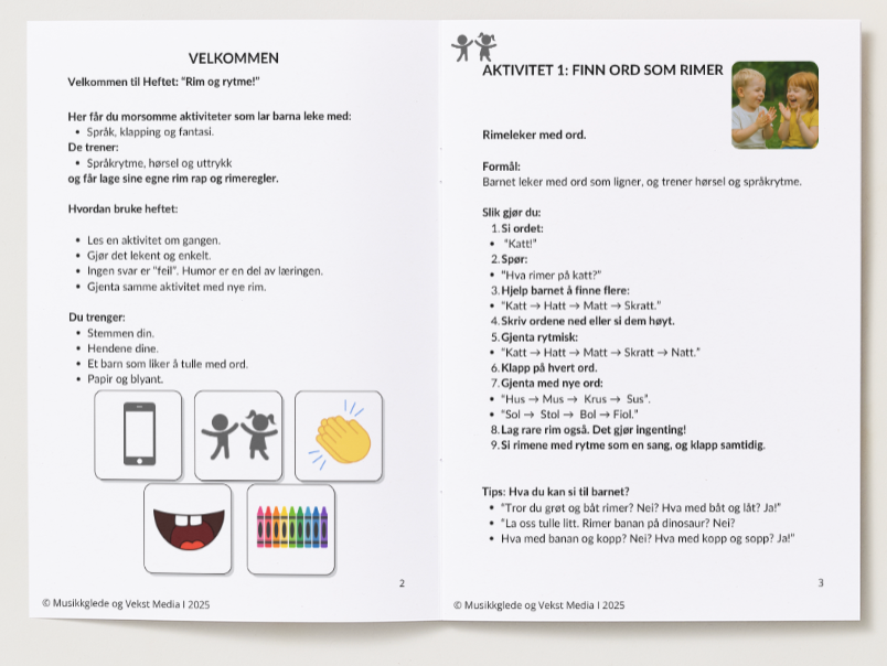 🇧🇻 Rim og Rytme - Læringshefte for barn med voksen veiledning 4 - 8 år! PDF Hefte - for utskrift og digital bruk.
